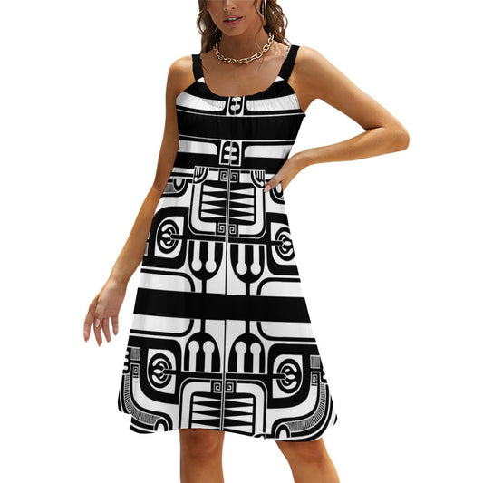 Polynesian Design Sleeveless Dress - Black and White