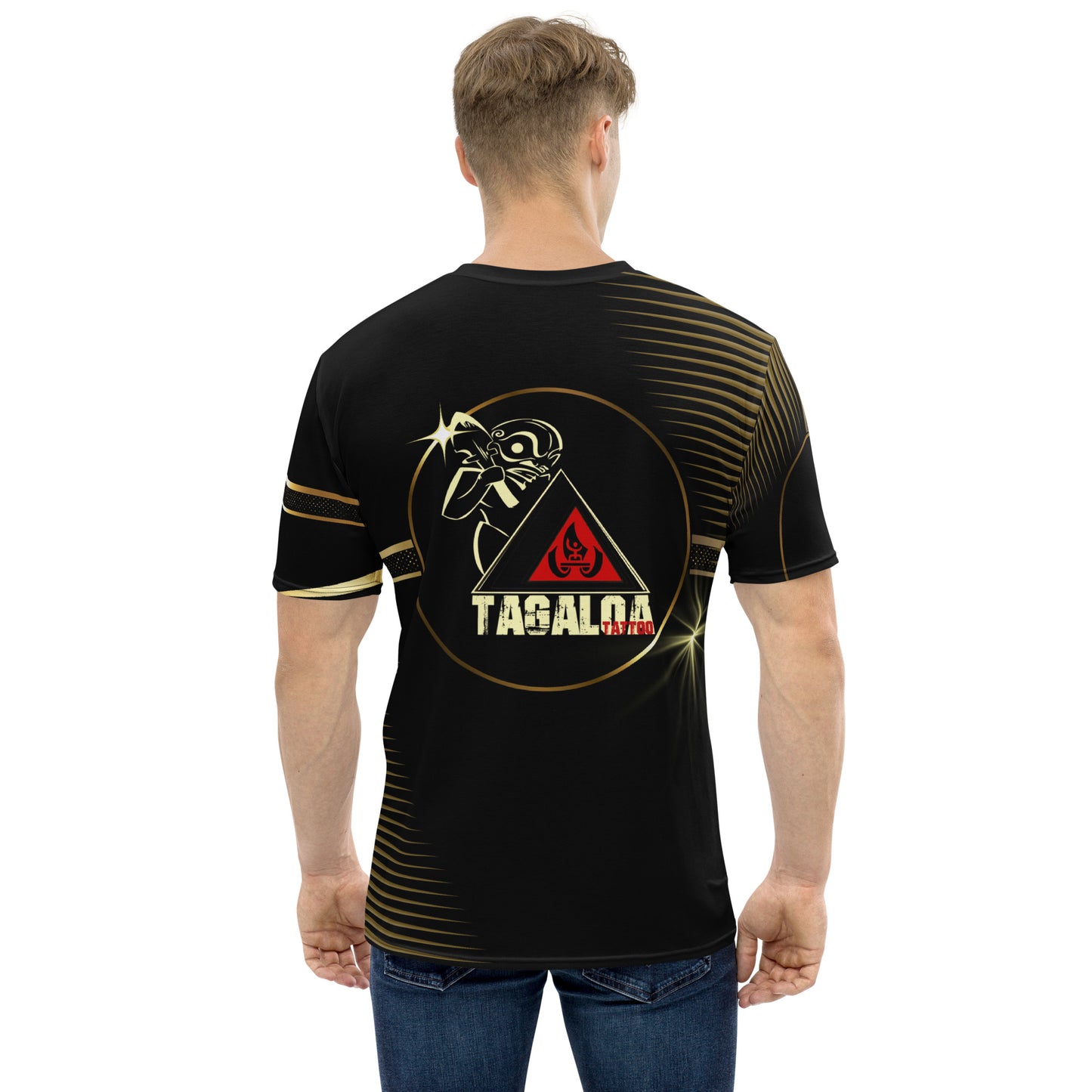 Striking black and gold t-shirt with tiger motif and intricate patterns