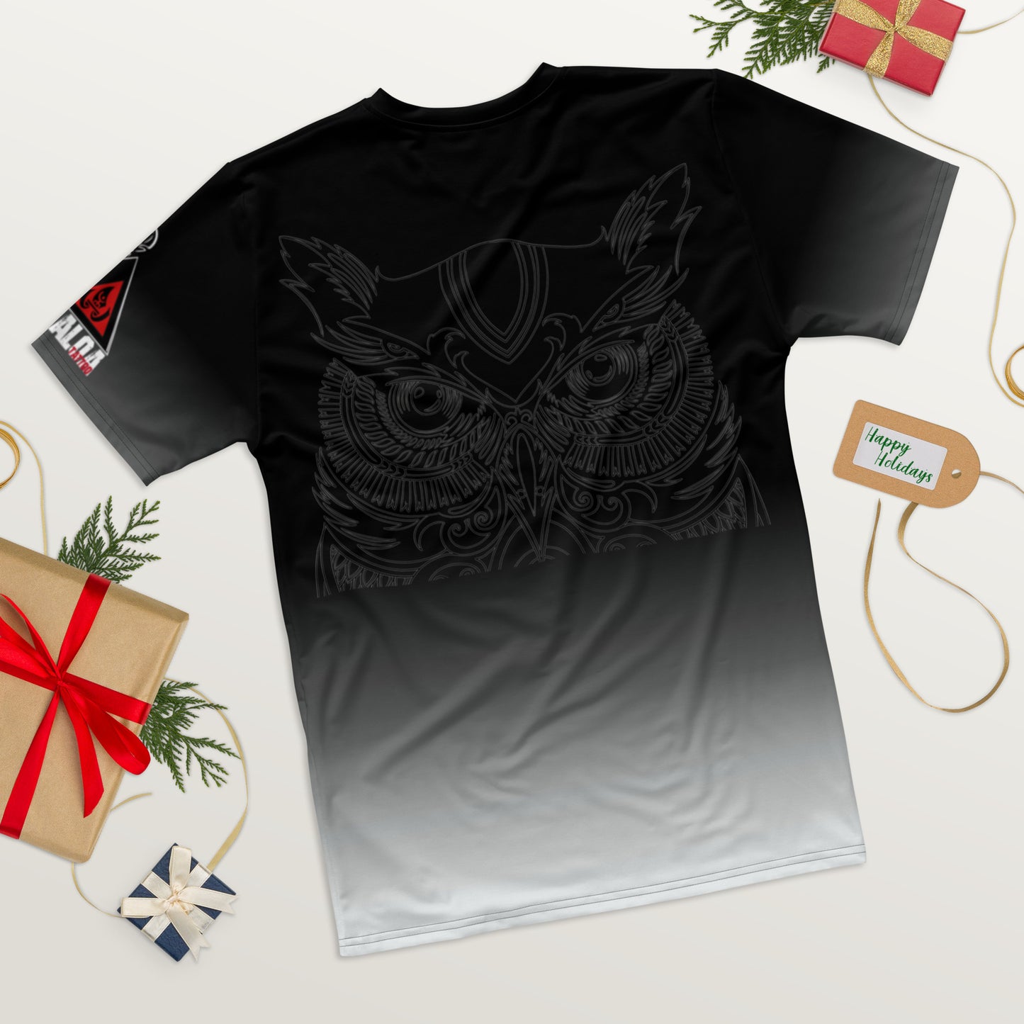 White Pacific-style tattoo design tee shirt on gray background with Tagaloa Tattoo logo on sleeve.