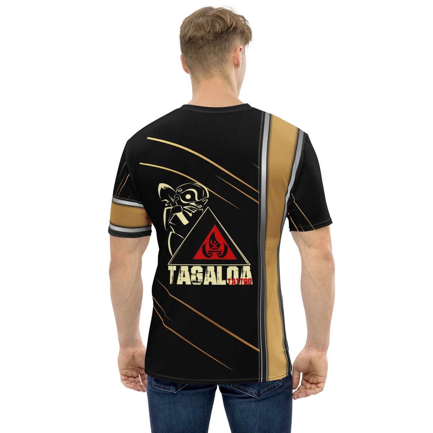 Black crew neck t-shirt with gold stripe and Tagaloa Tattoo logo on the back.