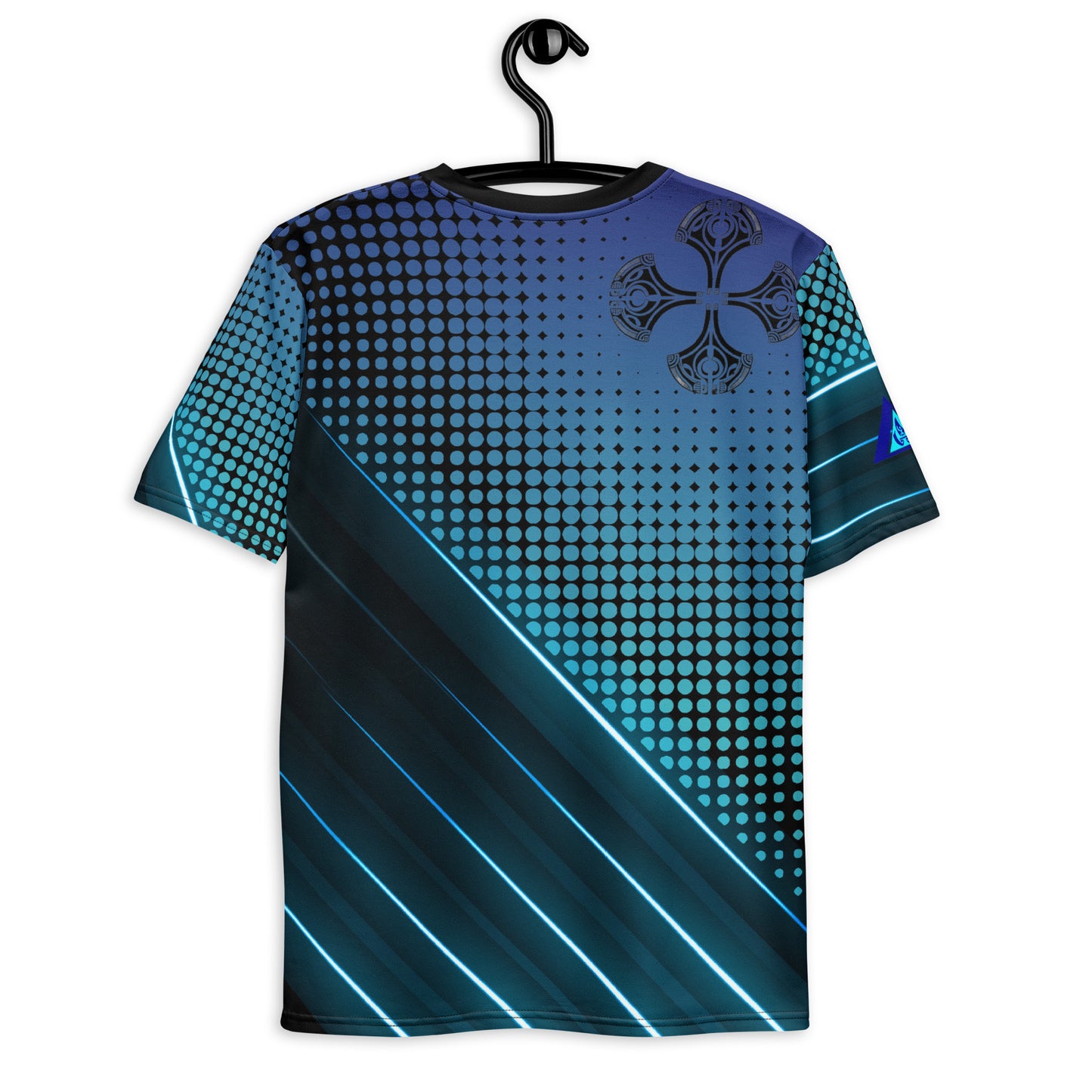 This men's graphic tee features a Pacific Islander tattoo pattern with bold blue lines and circles