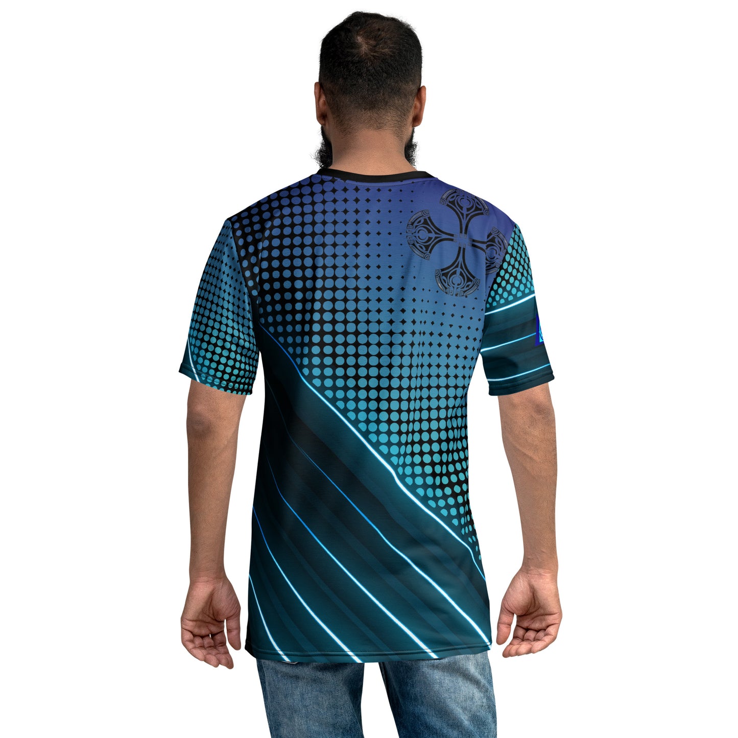 This men's graphic tee features a Pacific Islander tattoo pattern with bold blue lines and circles