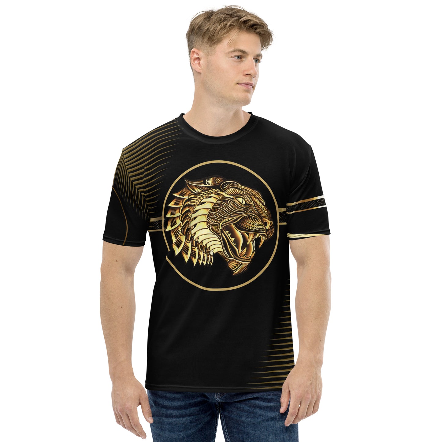 Striking black and gold t-shirt with tiger motif and intricate patterns