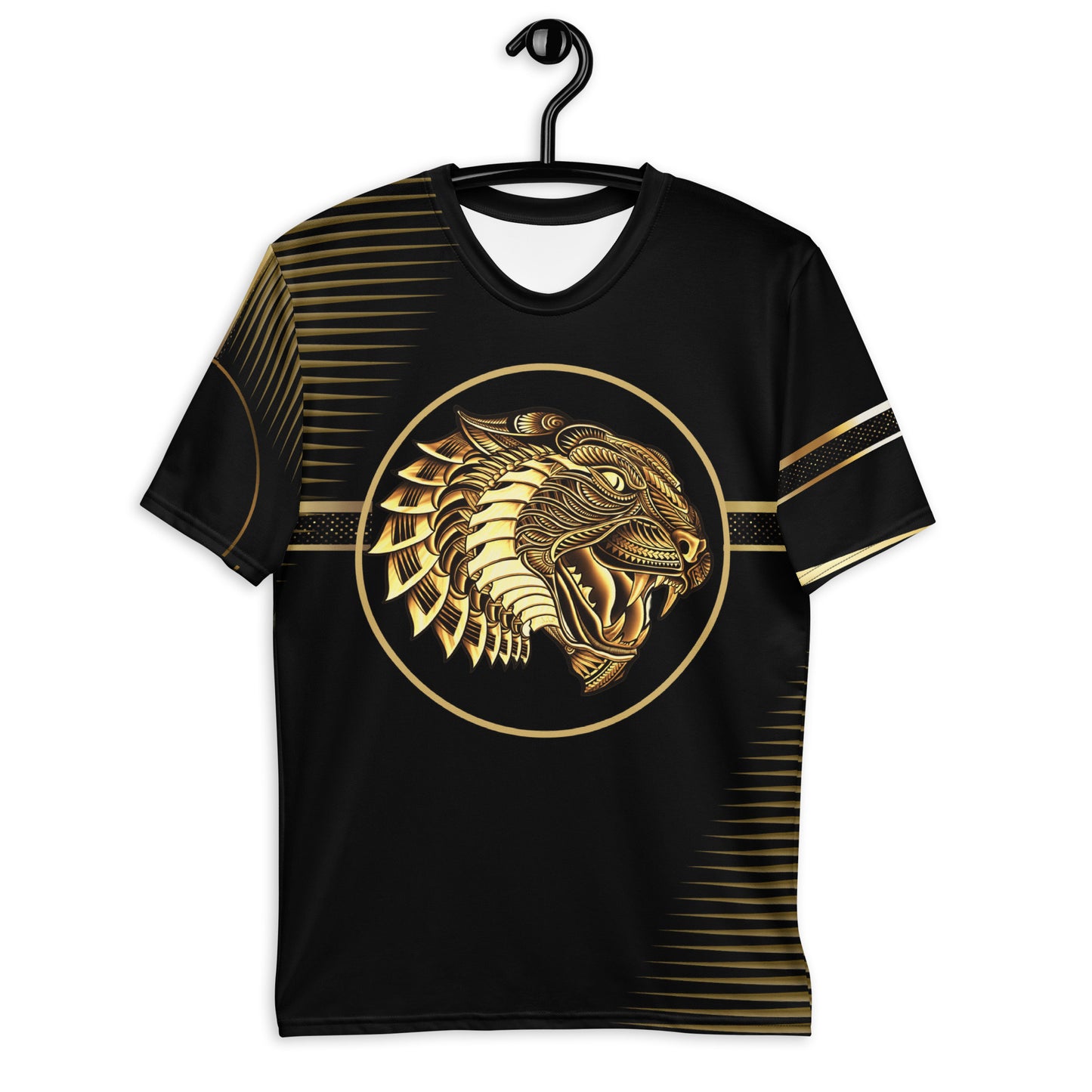 Striking black and gold t-shirt with tiger motif and intricate patterns