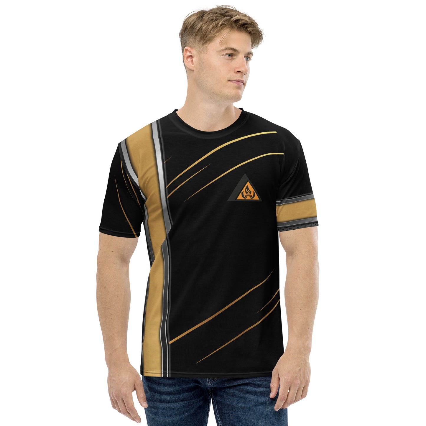 Black crew neck t-shirt with gold stripe and Tagaloa Tattoo logo on the back.