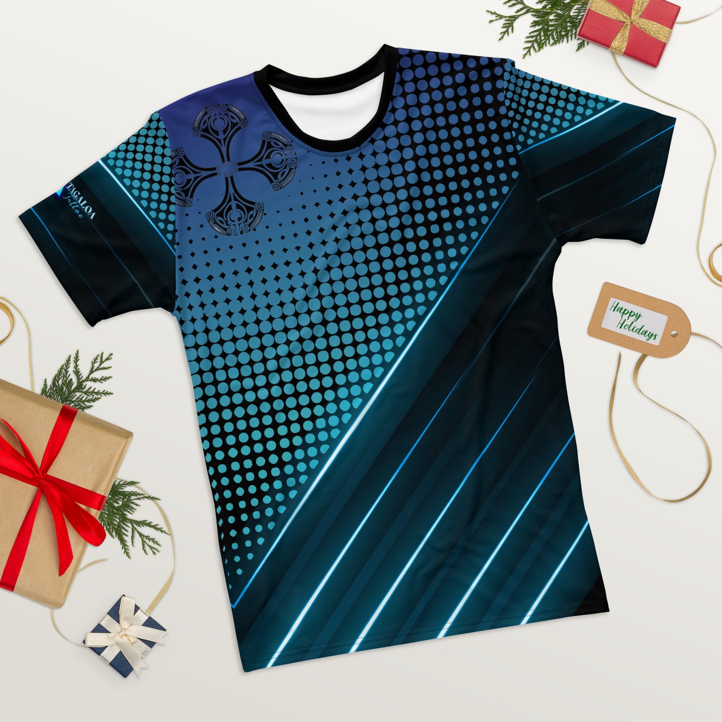 This men's graphic tee features a Pacific Islander tattoo pattern with bold blue lines and circles