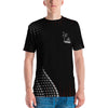 Tagaloa Tattoo a Black t-shirt with a graphic of gradient circles and thin red lines at the bottom and top of the shirt. Features a Polynesian tattoo-inspired motif on the back at the level of the shoulder.