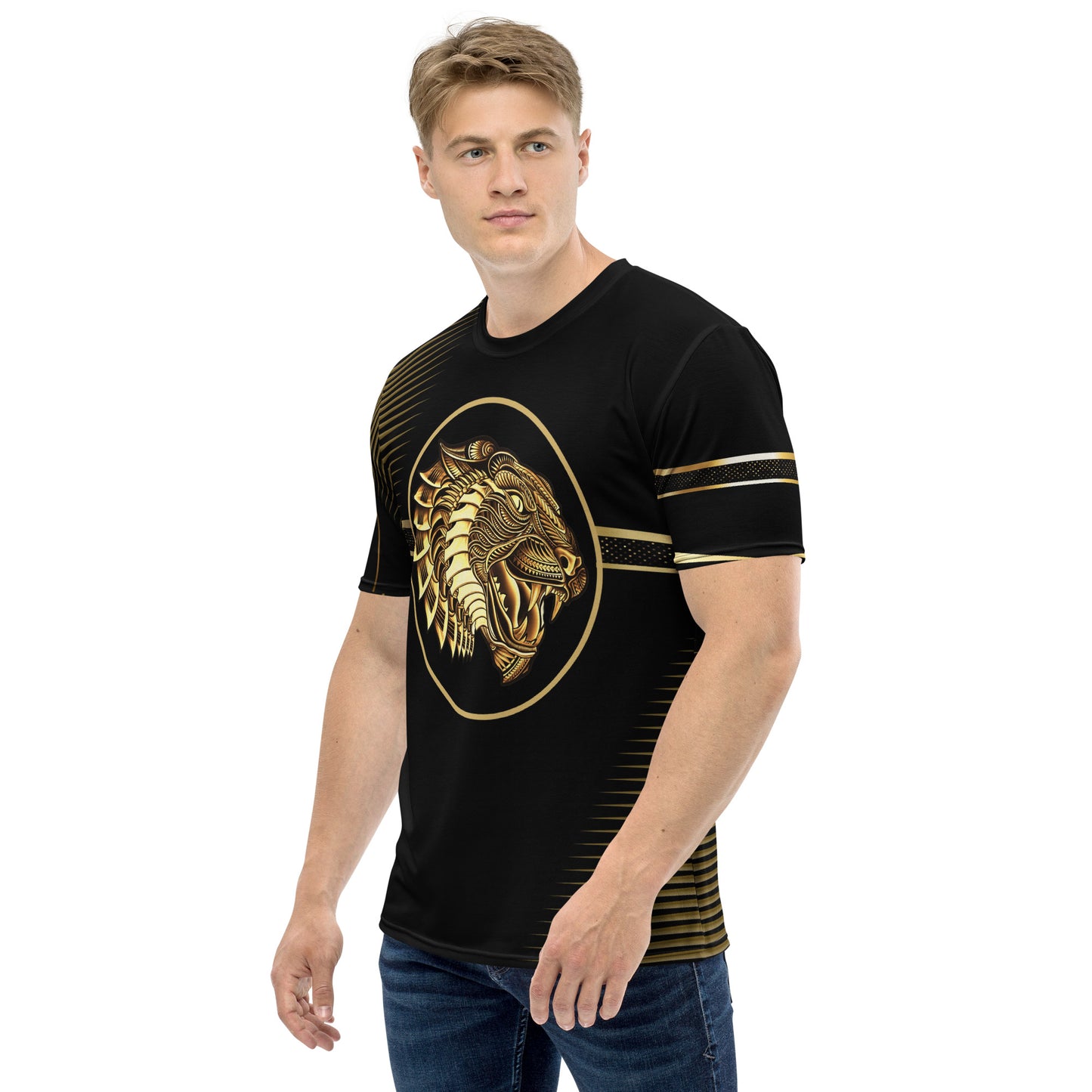 Striking black and gold t-shirt with tiger motif and intricate patterns