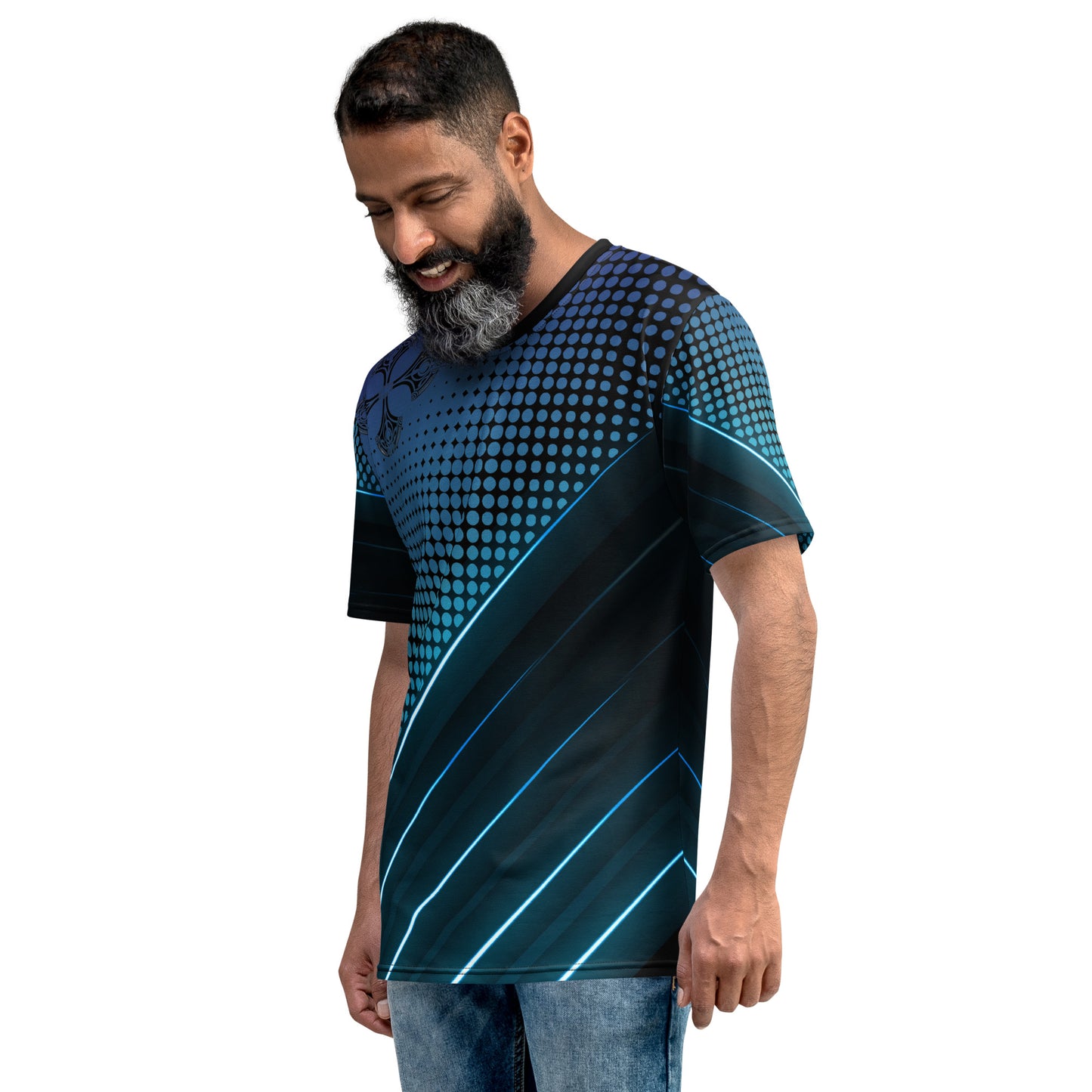 This men's graphic tee features a Pacific Islander tattoo pattern with bold blue lines and circles