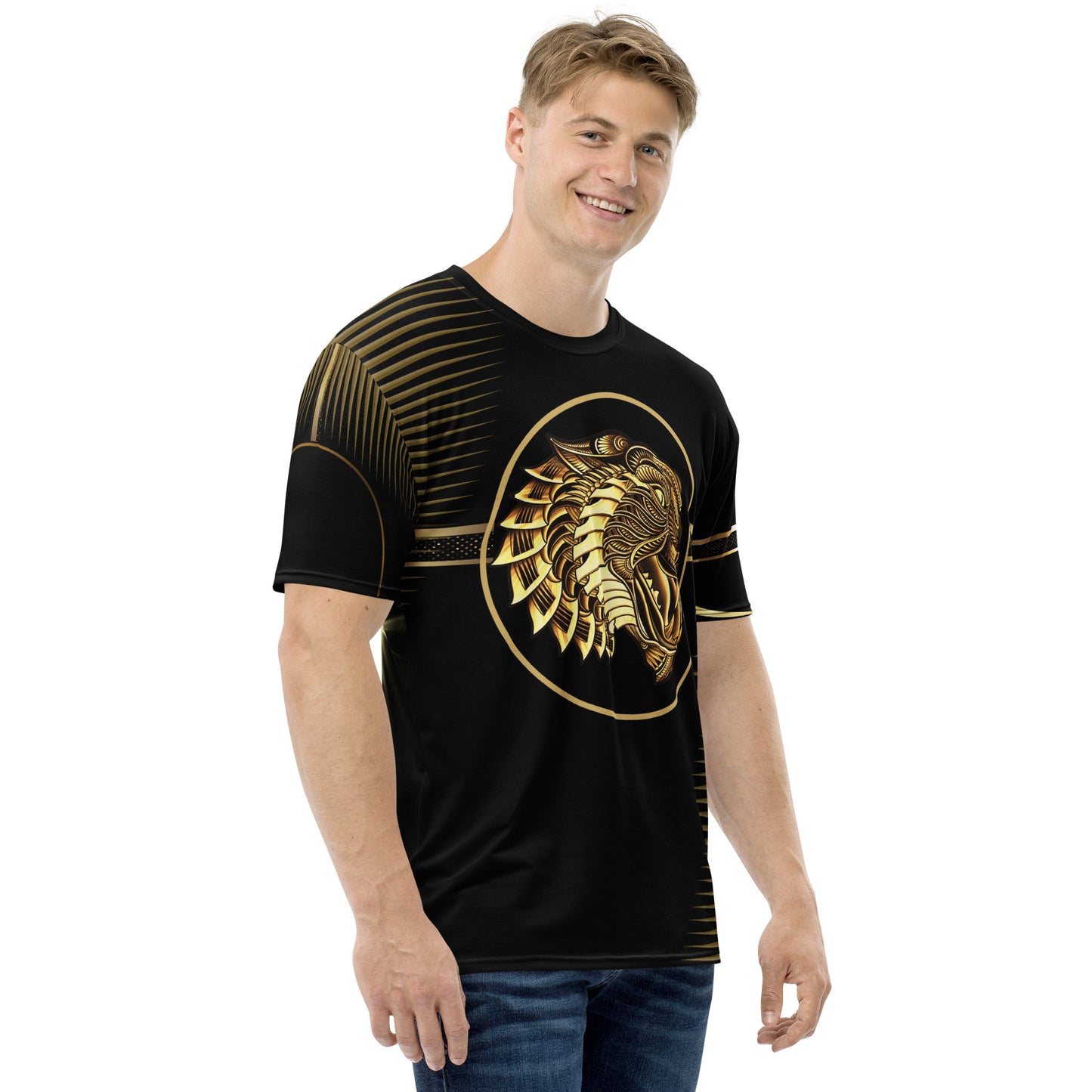 Striking black and gold t-shirt with tiger motif and intricate patterns