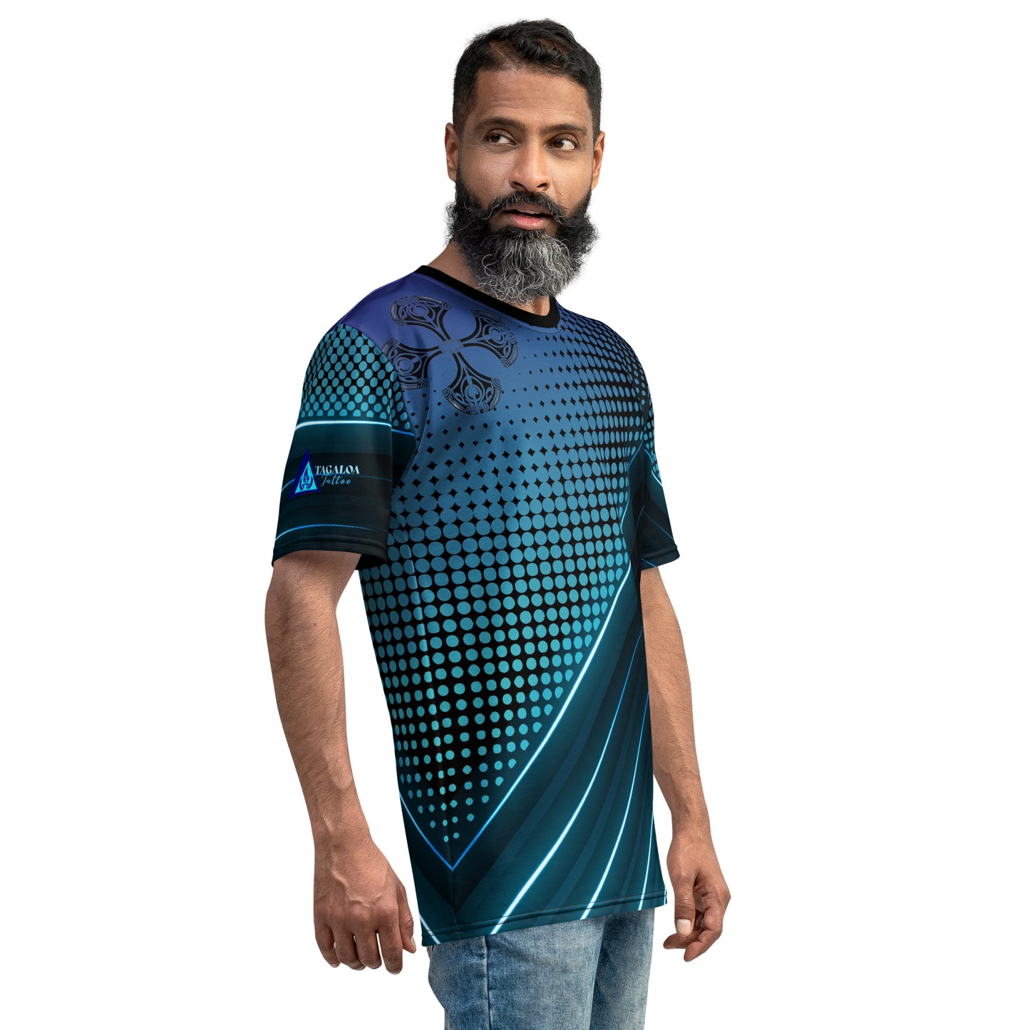 This men's graphic tee features a Pacific Islander tattoo pattern with bold blue lines and circles