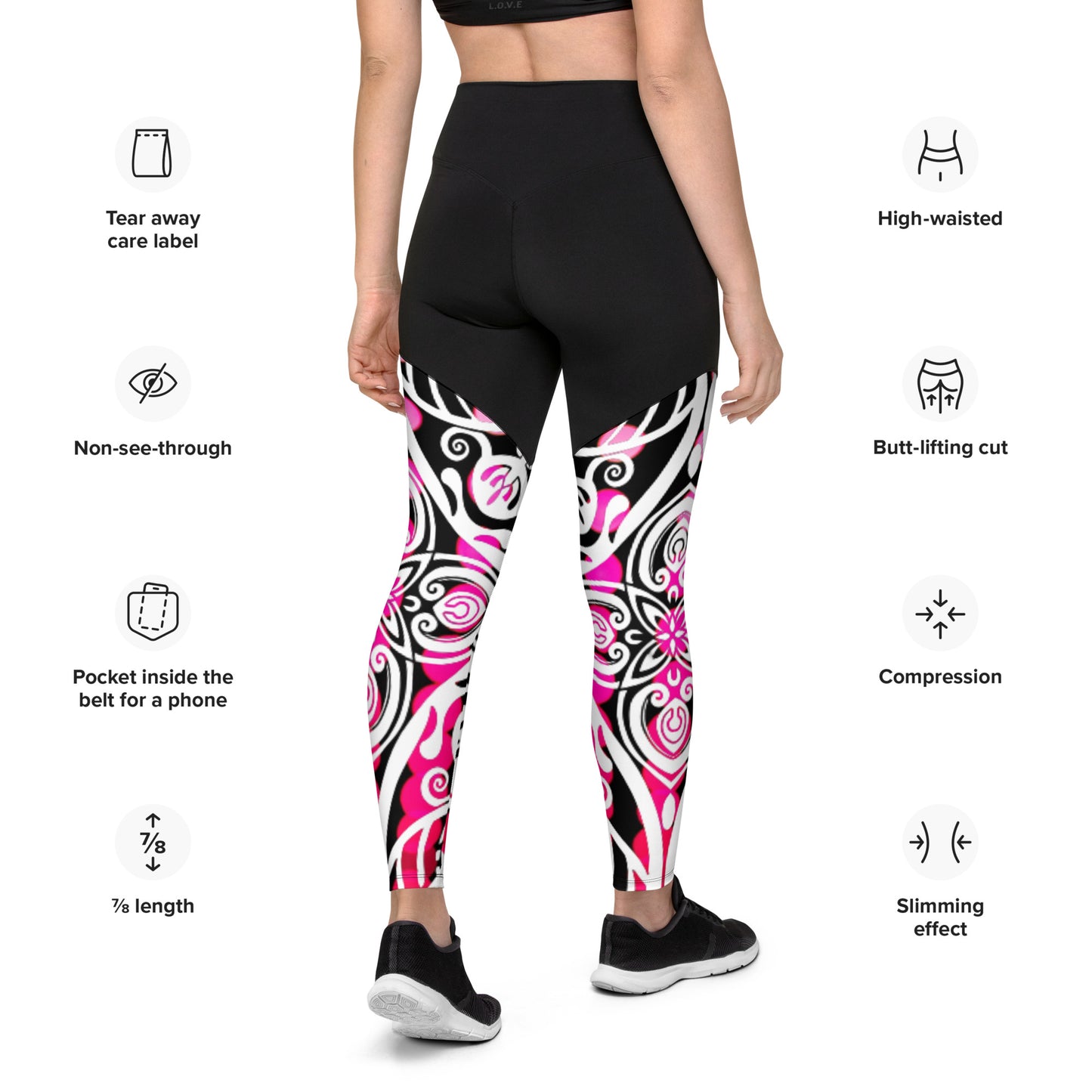 Pacific-Print Sport Leggings: Black and Pink