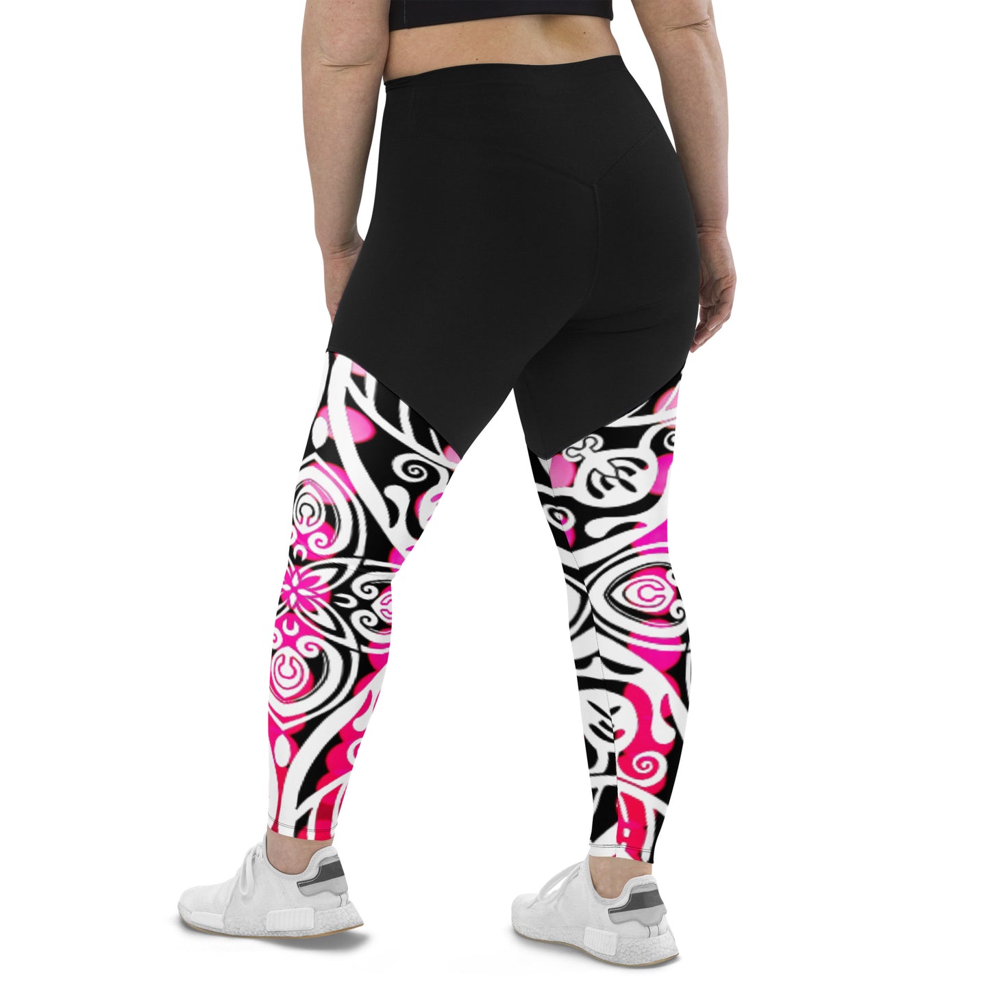 Pacific-Print Sport Leggings: Black and Pink