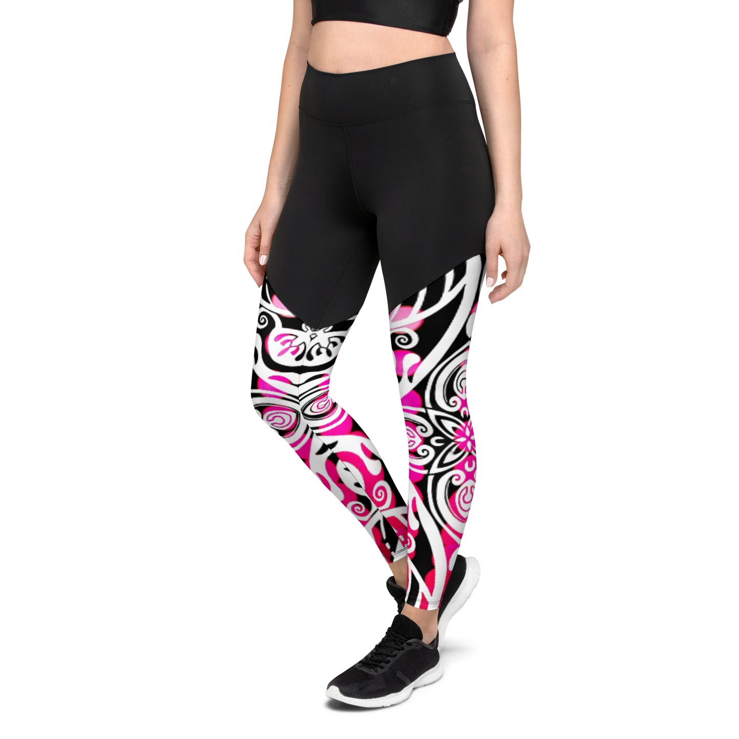 Pacific-Print Sport Leggings: Black and Pink