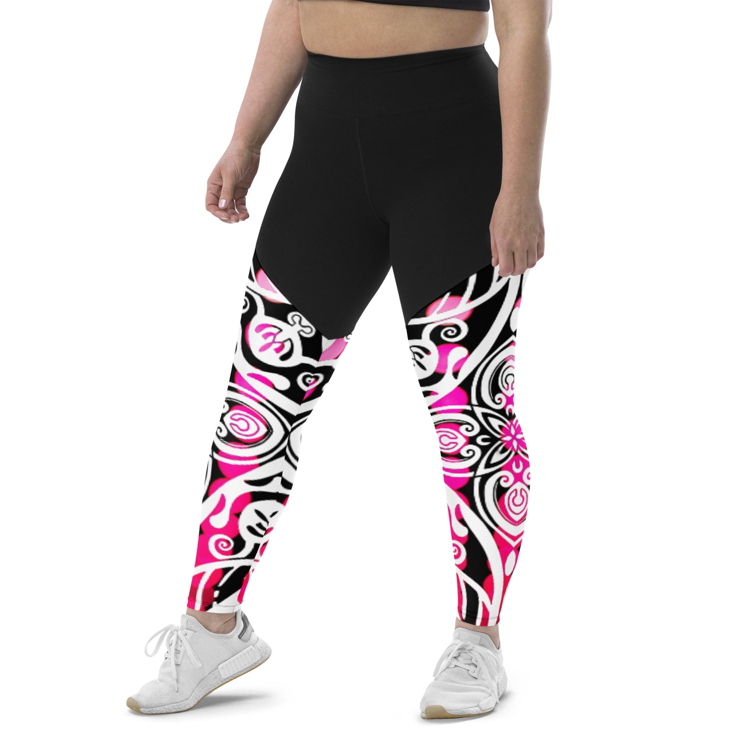 Pacific-Print Sport Leggings: Black and Pink