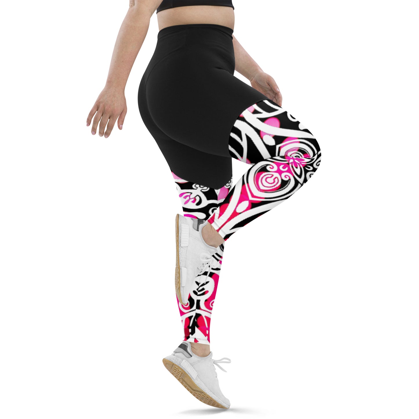 Pacific-Print Sport Leggings: Black and Pink