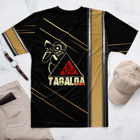 Black crew neck t-shirt with gold stripe and Tagaloa Tattoo logo on the back.
