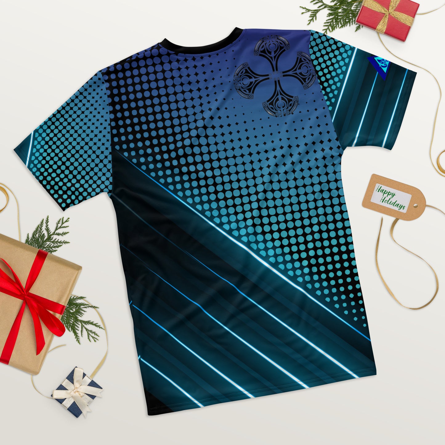 This men's graphic tee features a Pacific Islander tattoo pattern with bold blue lines and circles