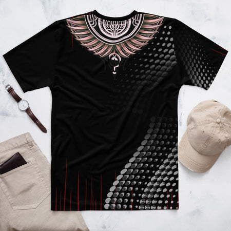 Tagaloa Tattoo a Black t-shirt with a graphic of gradient circles and thin red lines at the bottom and top of the shirt. Features a Polynesian tattoo-inspired motif on the back at the level of the shoulder.