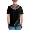 Tagaloa Tattoo a Black t-shirt with a graphic of gradient circles and thin red lines at the bottom and top of the shirt. Features a Polynesian tattoo-inspired motif on the back at the level of the shoulder.