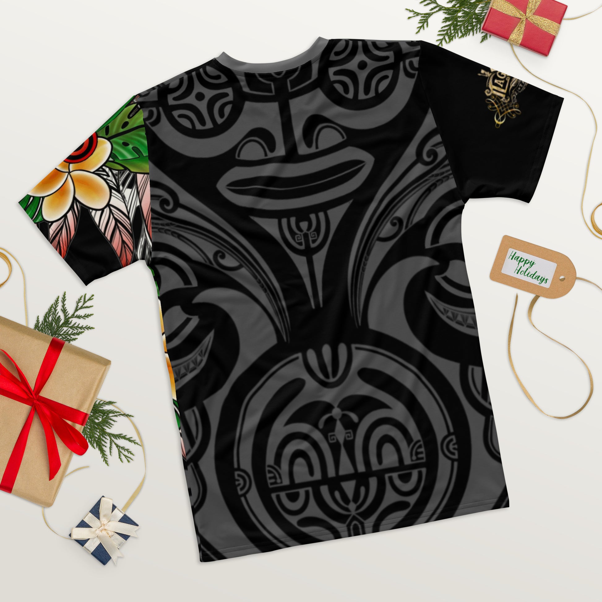 Tagaloa Tattoo tee features a Pacific tattoo design in the background, with a tiki motif that seems to be looking at the woman's profile on the front