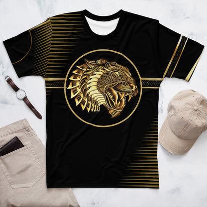 Striking black and gold t-shirt with tiger motif and intricate patterns