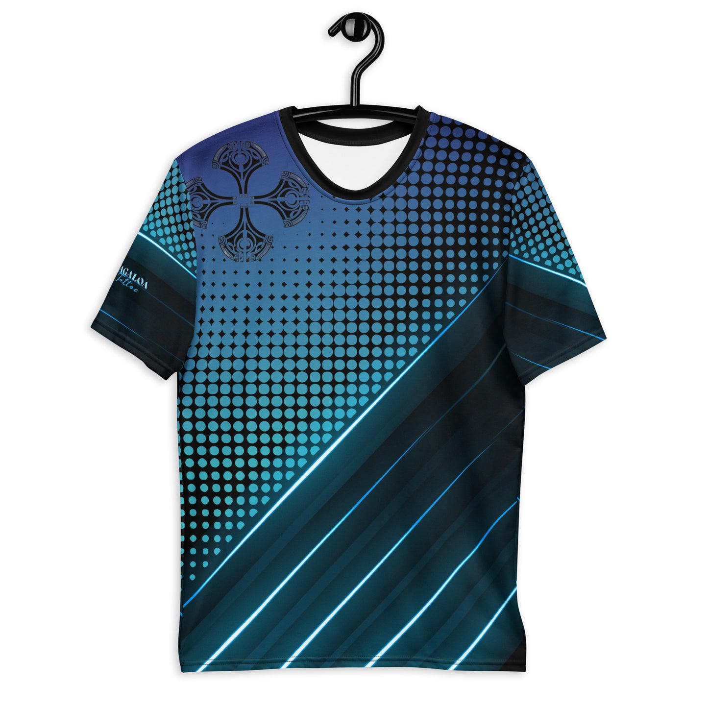 This men's graphic tee features a Pacific Islander tattoo pattern with bold blue lines and circles