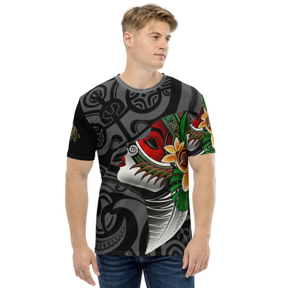 Tagaloa Tattoo tee features a Pacific tattoo design in the background, with a tiki motif that seems to be looking at the woman's profile on the front