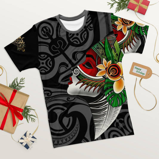 Tagaloa Tattoo tee features a Pacific tattoo design in the background, with a tiki motif that seems to be looking at the woman's profile on the front