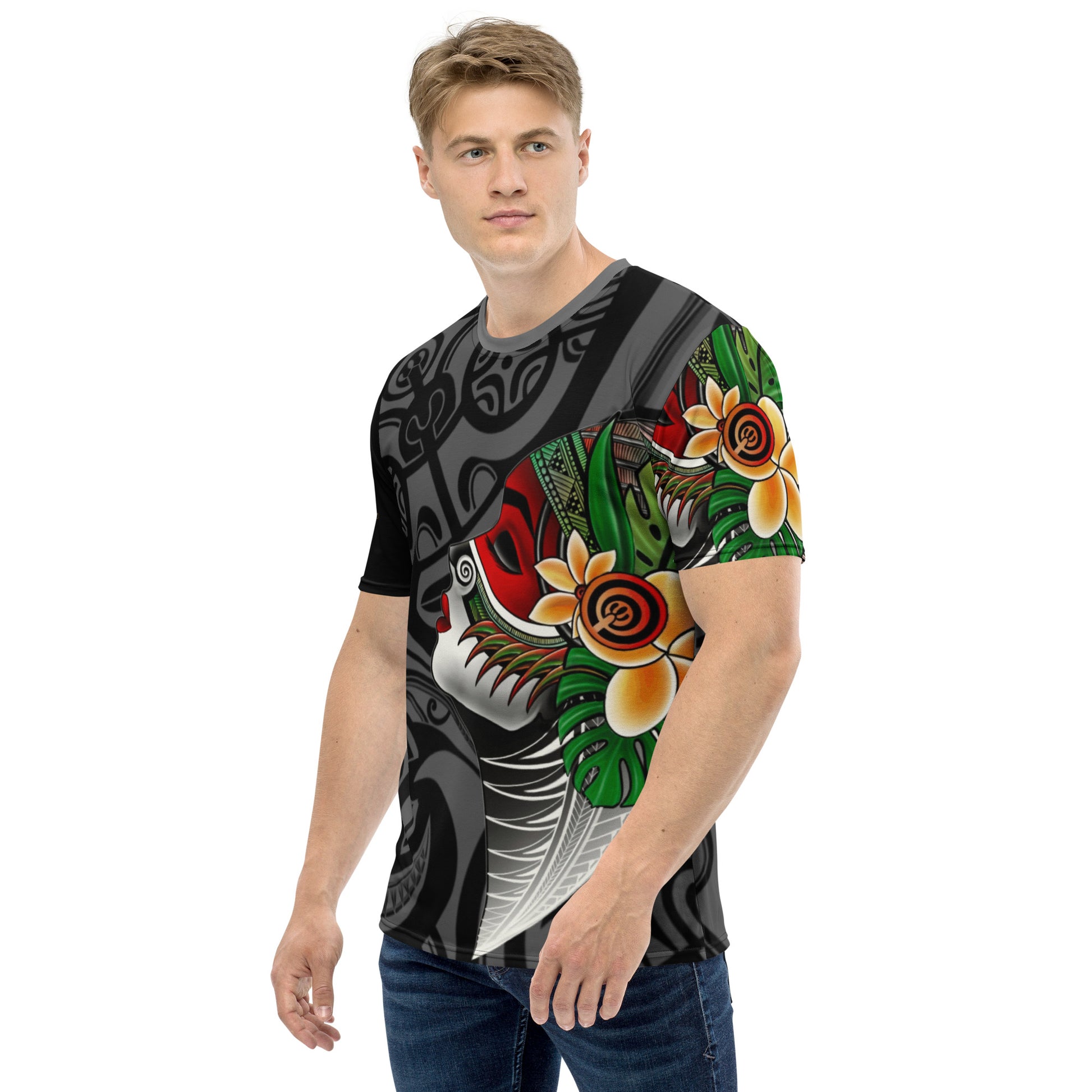 Tagaloa Tattoo tee features a Pacific tattoo design in the background, with a tiki motif that seems to be looking at the woman's profile on the front