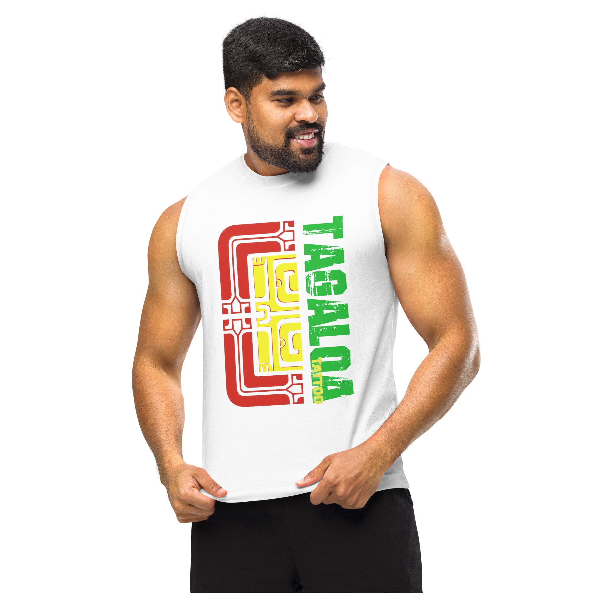 Vibrant Tagaloa Tattoo Tank Top in Green, Yellow, and Red