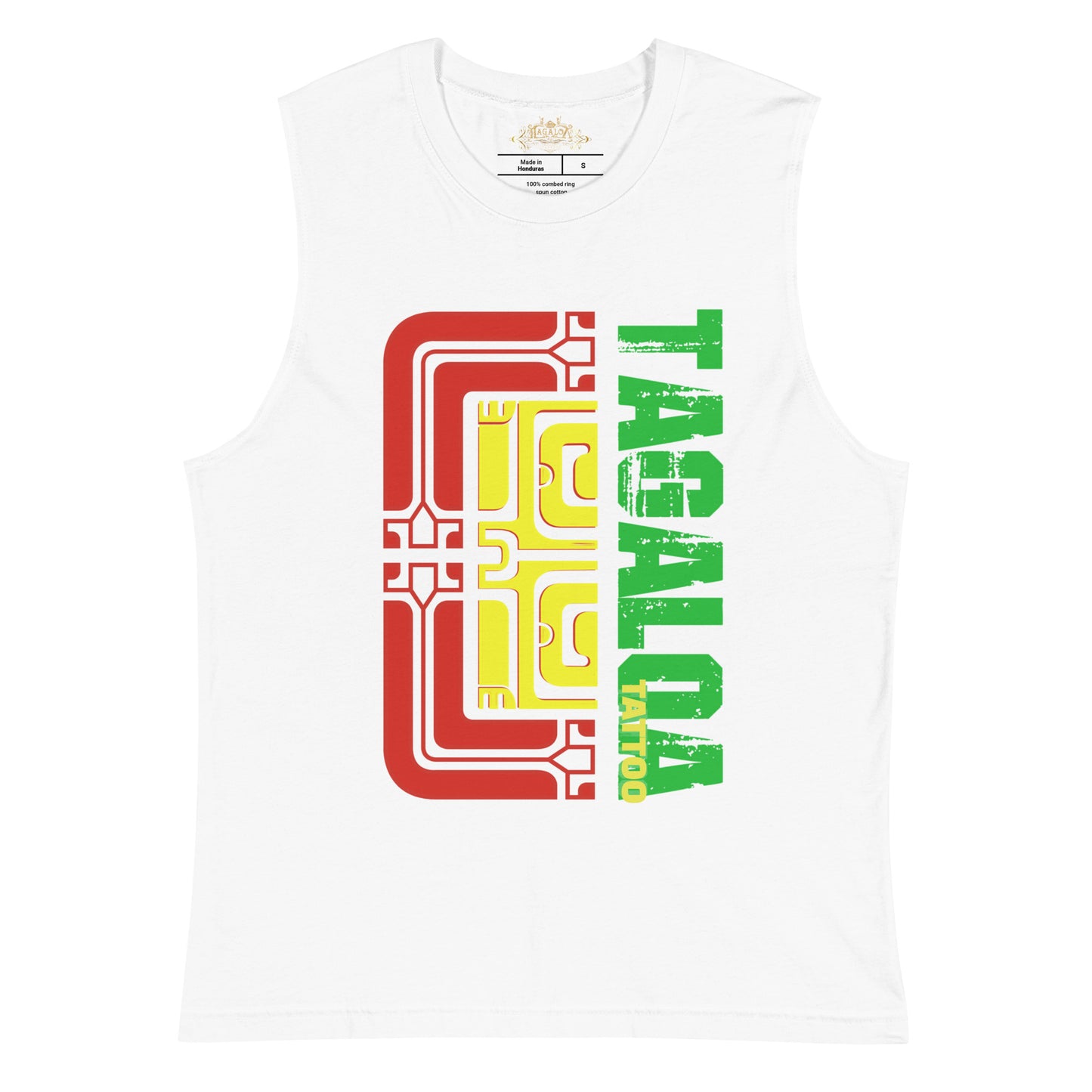 Vibrant Tagaloa Tattoo Tank Top in Green, Yellow, and Red